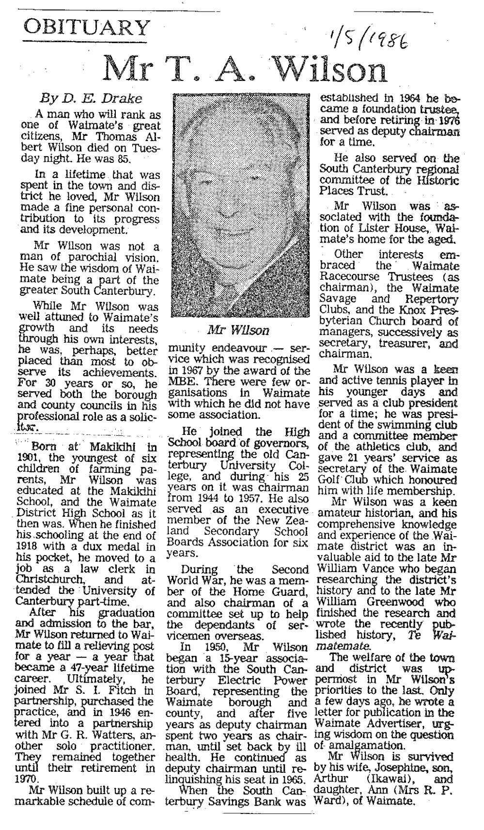 Obituary: Mr T A Wilson