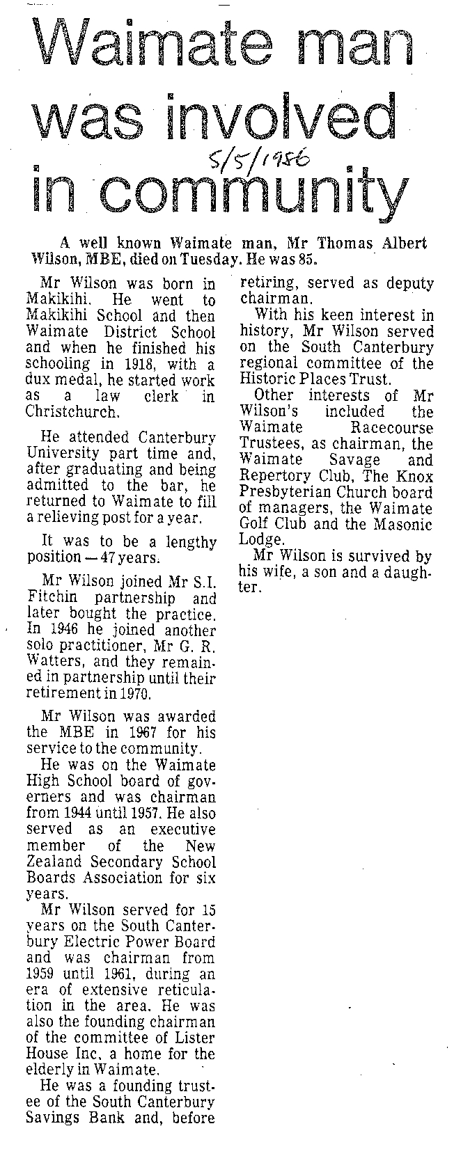 Obituary: Mr T A Wilson, Waimate man was involved in community