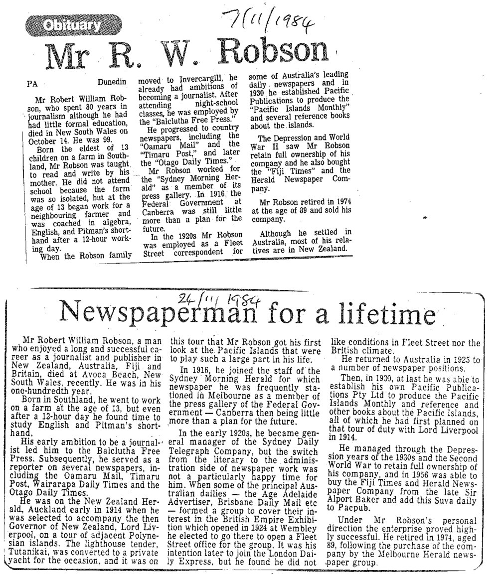 Obituary: Mr R W Robson, Newspaperman for a lifetime