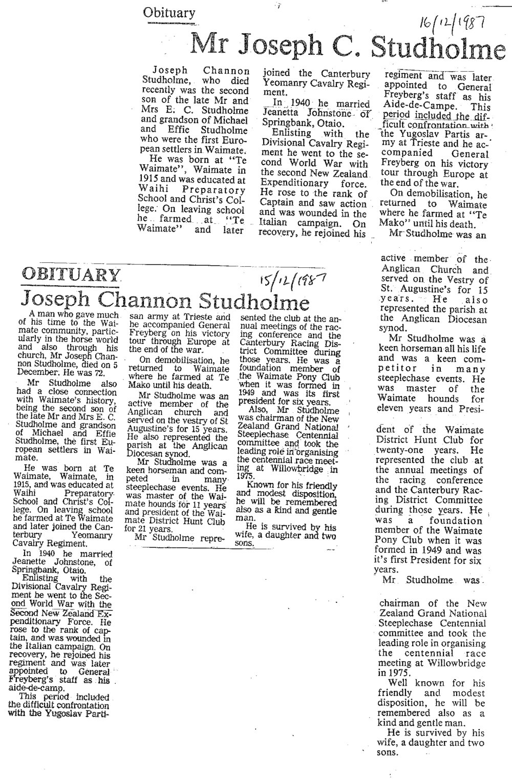 Obituary: Mr Joseph Channon Studholme