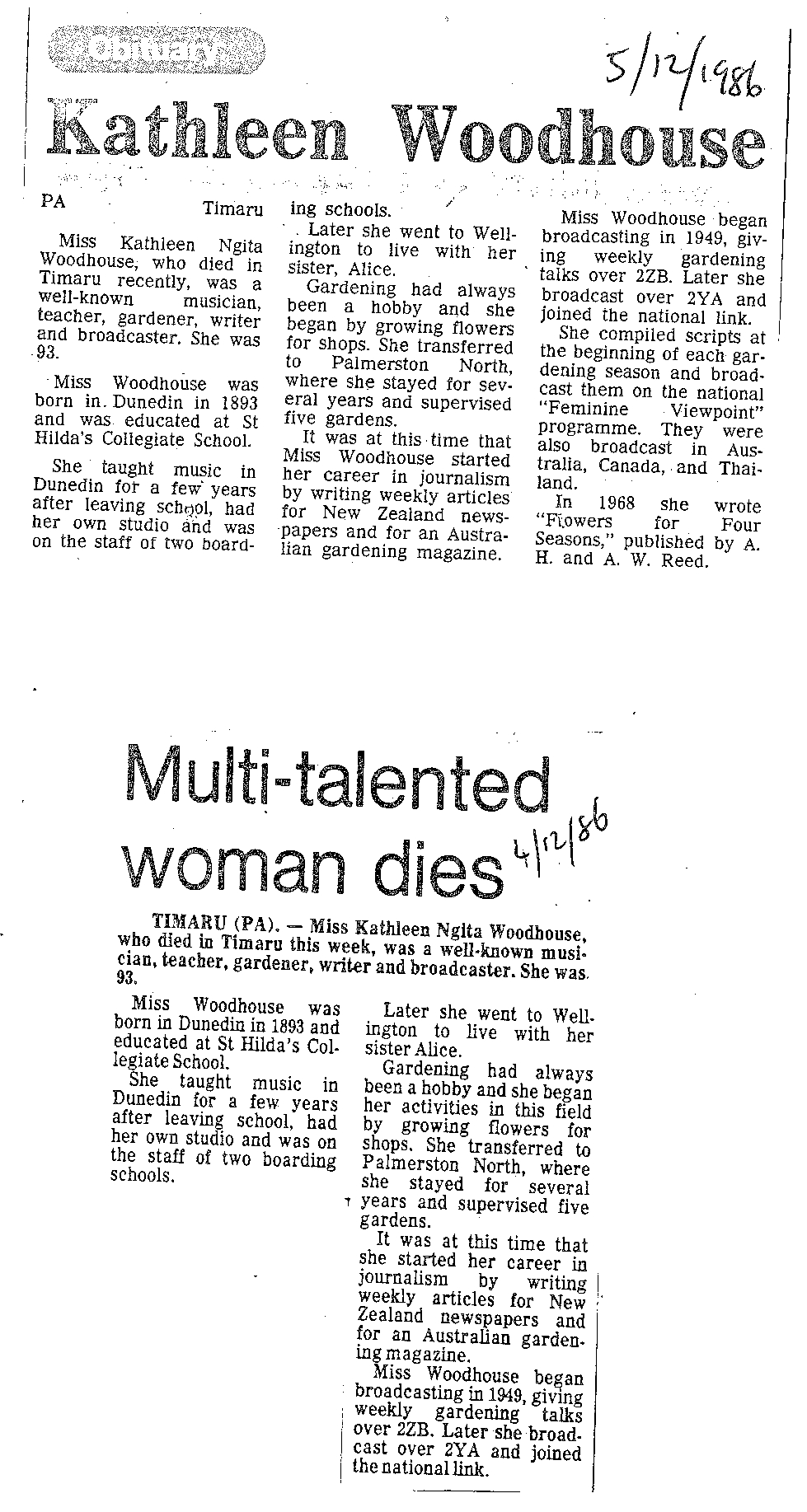 Obituary: Kathleen Woodhouse, Multi-talented woman dies