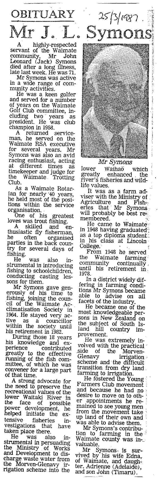 Obituary: Mr J L Symons