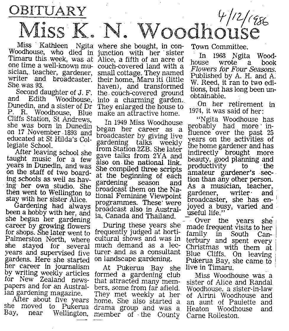 Obituary: Miss K N Woodhouse