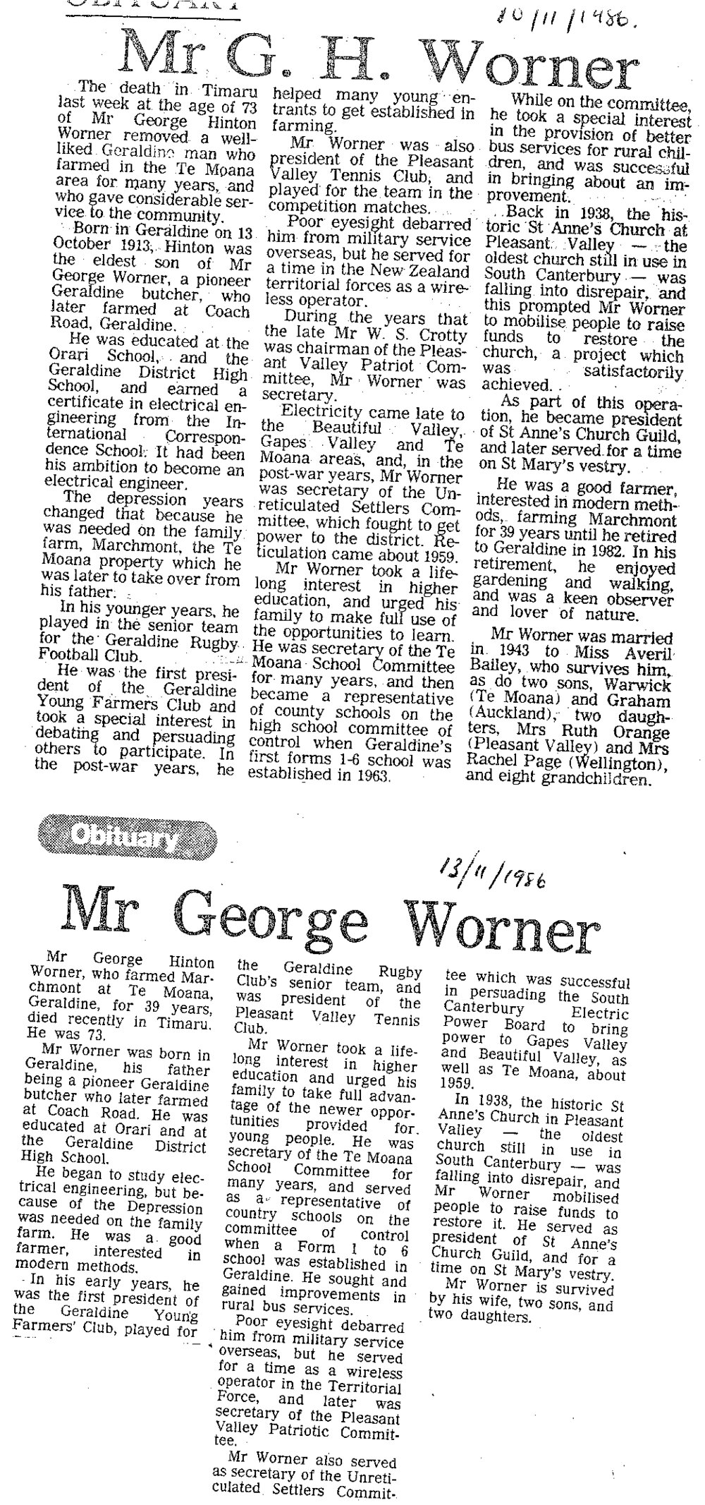 Obituary: Mr G H Worner