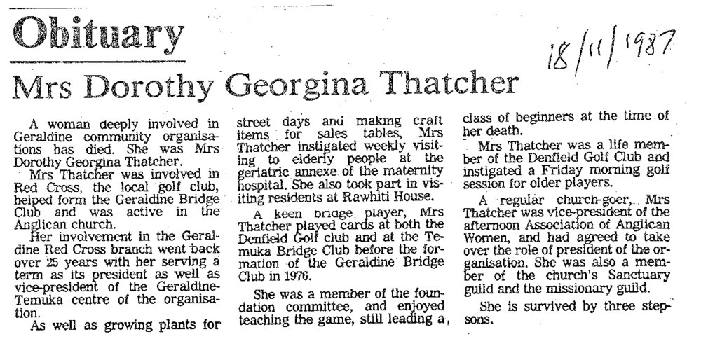 Obituary: Mrs Dorothy Georgina Thatcher