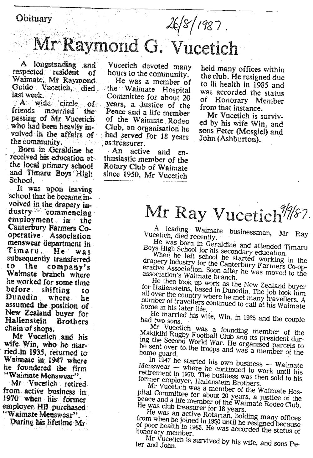 Obituary: Mr Raymond G Vucetich