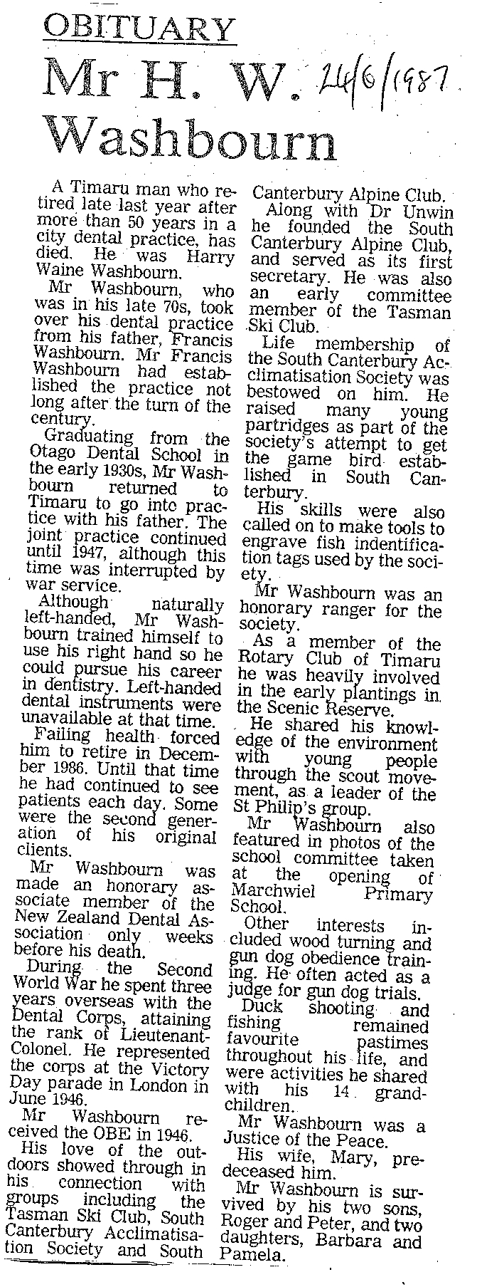 Obituary: Mr H W Washbourn