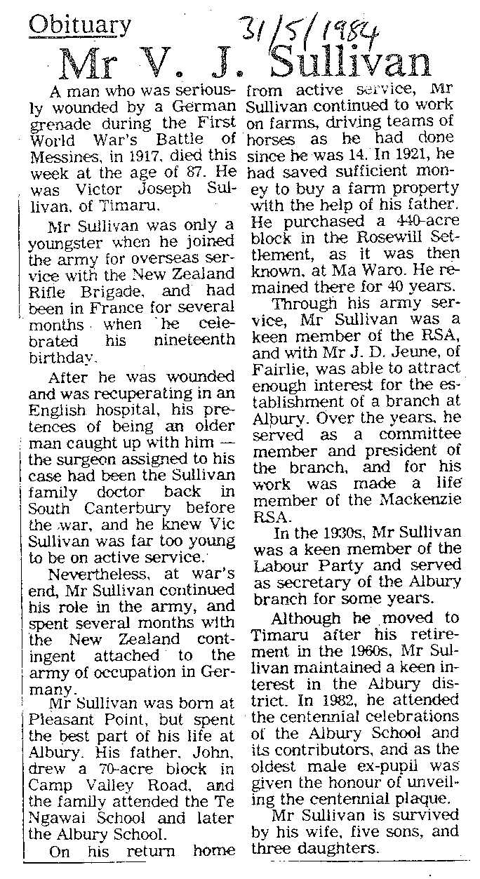 Obituary: Mr V J Sullivan