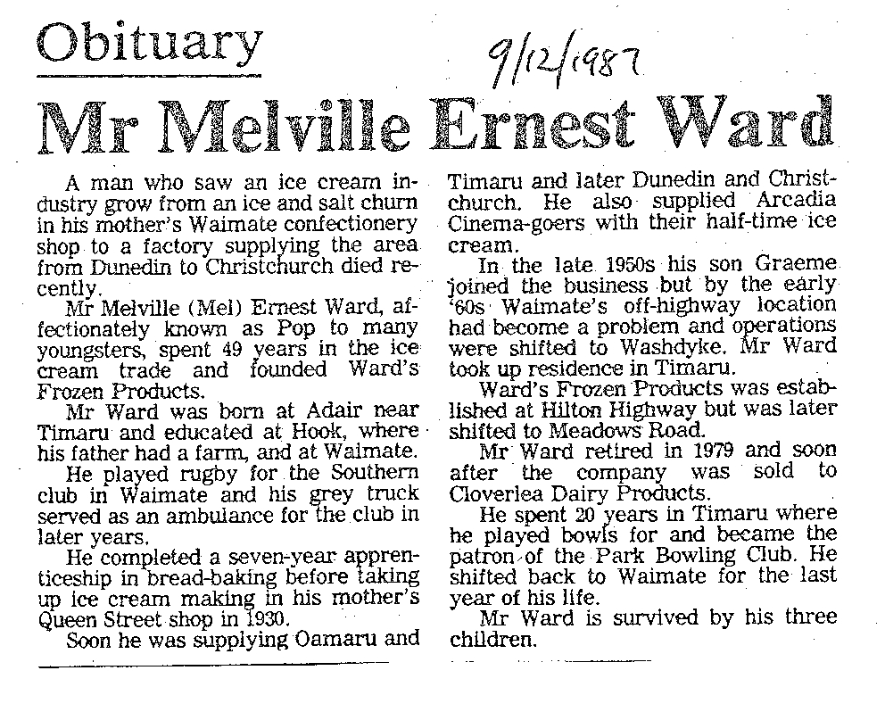 Obituary: Mr Melville Ernest Ward