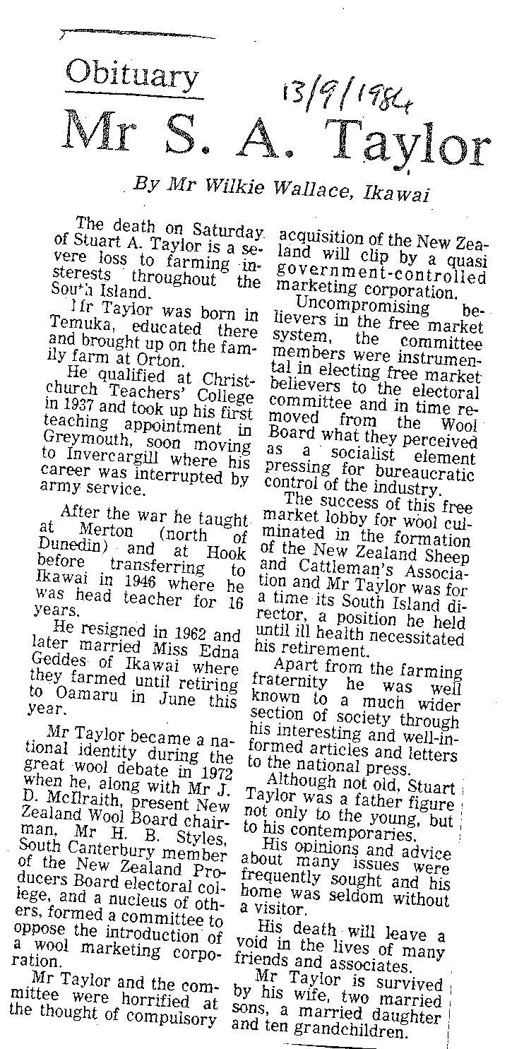 Obituary: Mr S A Taylor