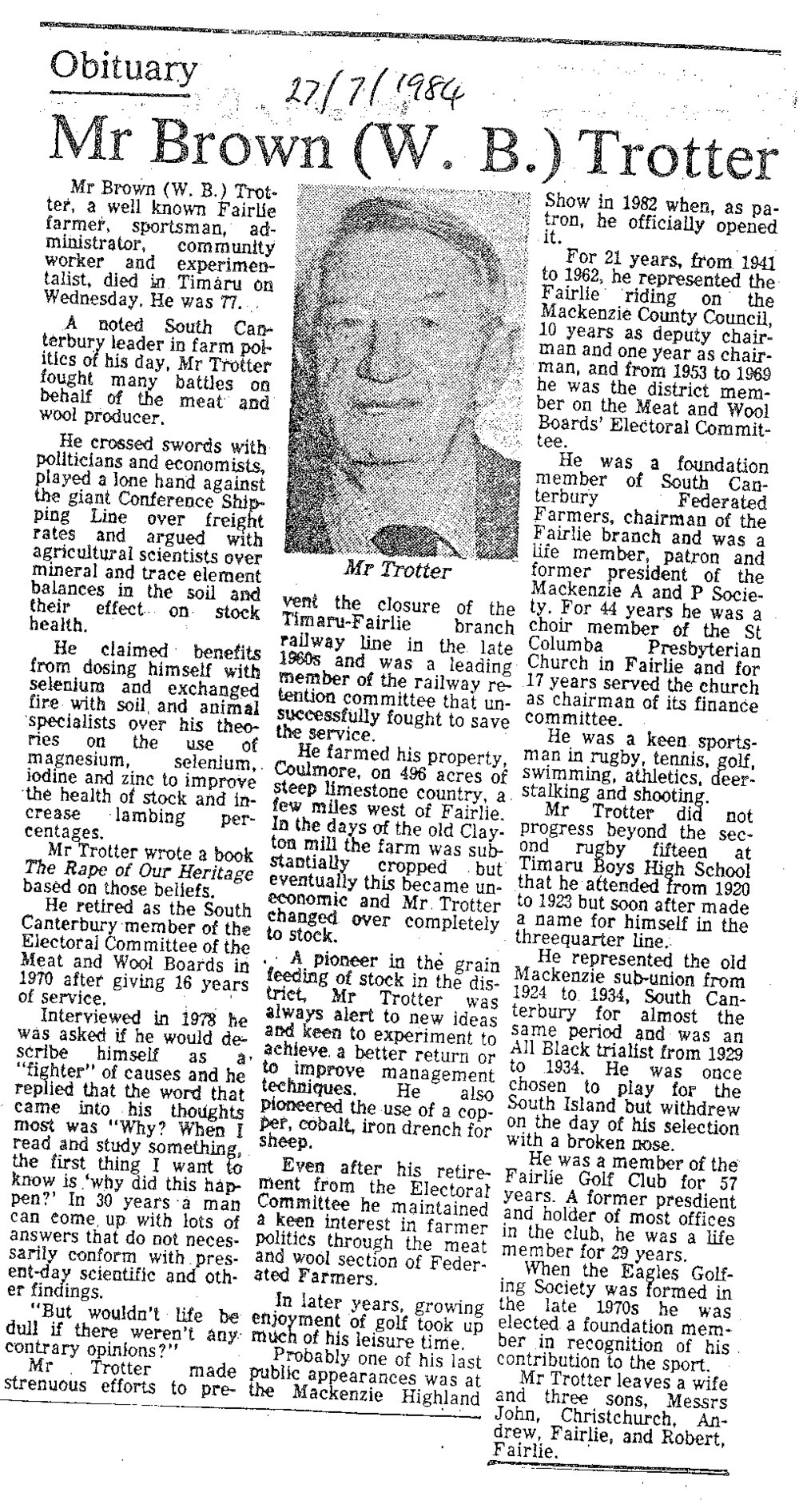 Obituary: Mr Brown (W B) Trotter