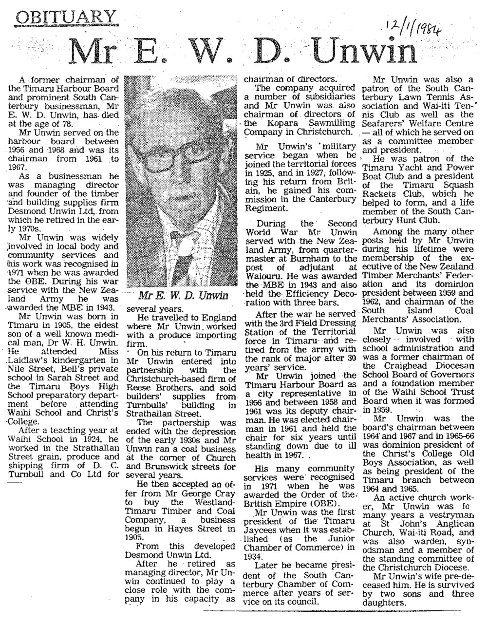 Obituary: Mr E W D Unwin