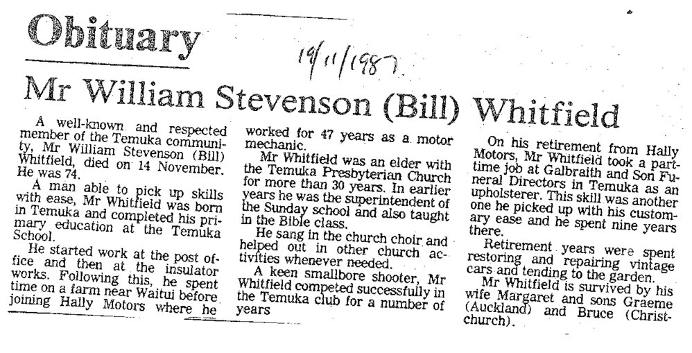 Obituary: Mr William Stevenson (Bill) Whitfield