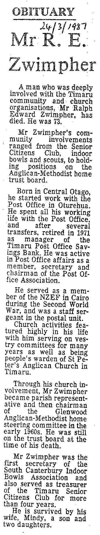 Obituary: Mr R E Zwimpher