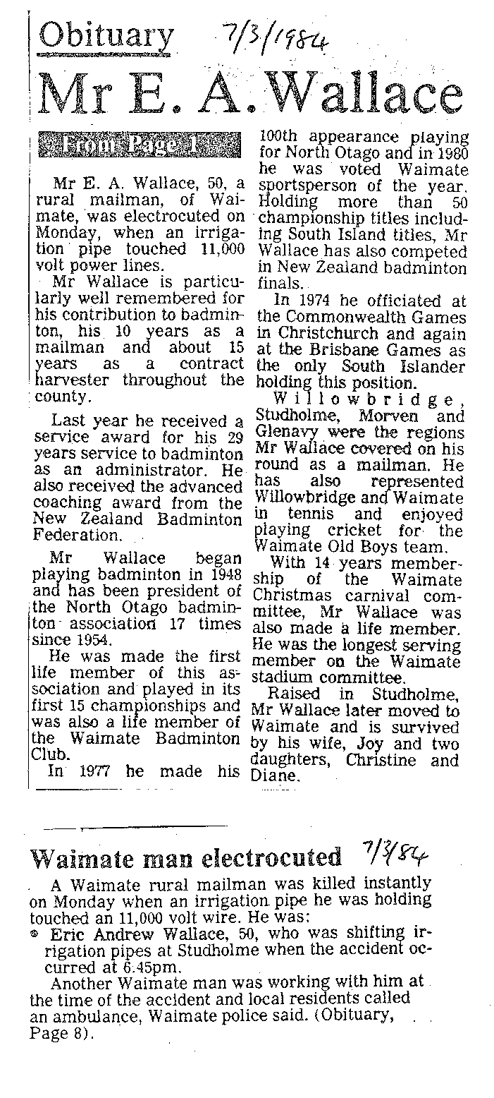 Obituary: Mr E A Wallace, Waimate man electrocuted