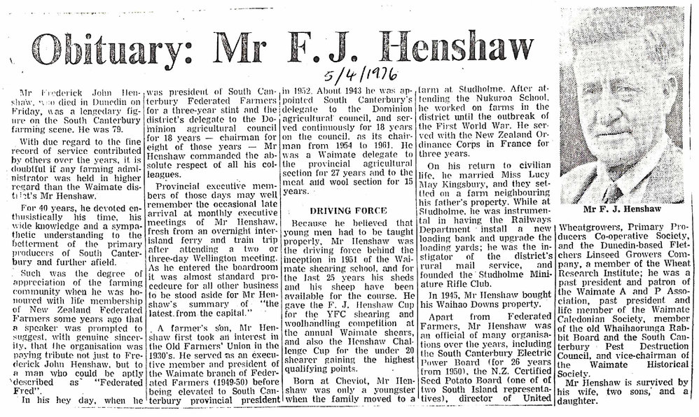 Obituary: Mr F J Henshaw, S Canty farming leader dies at 79