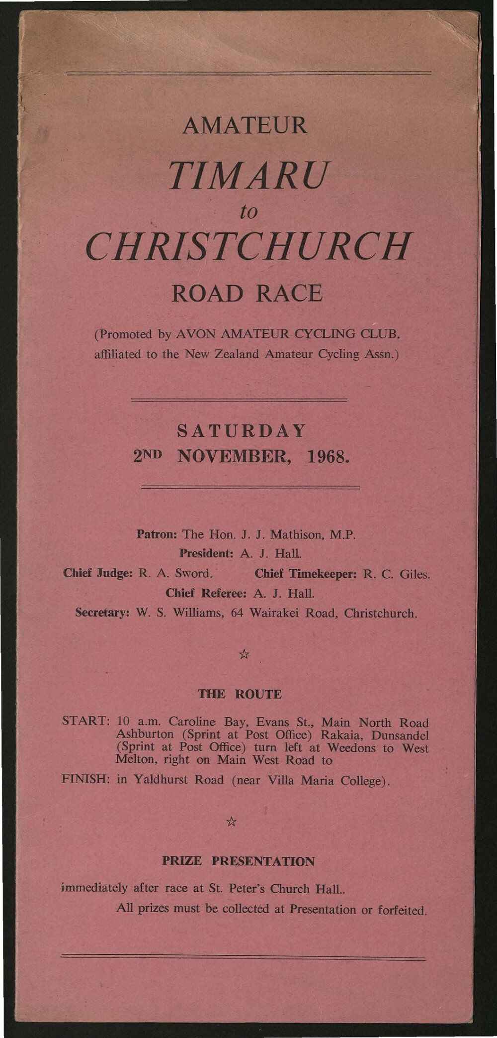 Amateur Timaru to Christchurch Road Race programme