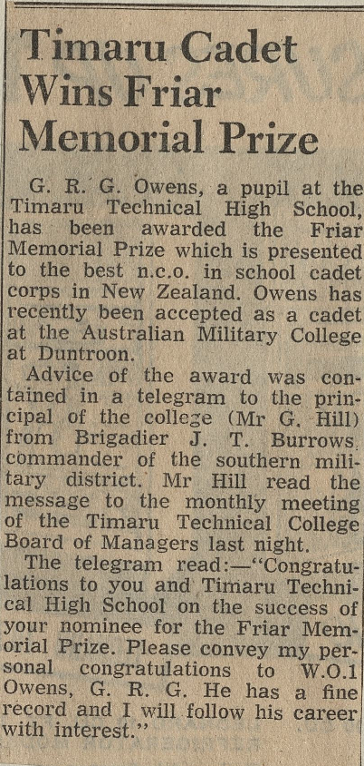 Timaru Cadet Wins Friar Memorial Prize