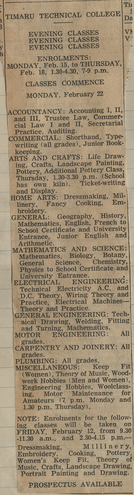 Timaru Technical College Evening Classes