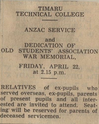 Timaru Technical College ANZAC Service