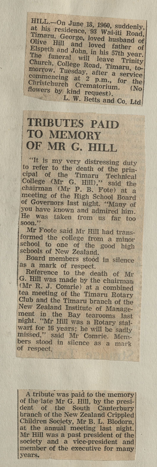 Tributes Paid To Memory of Mr G Hill