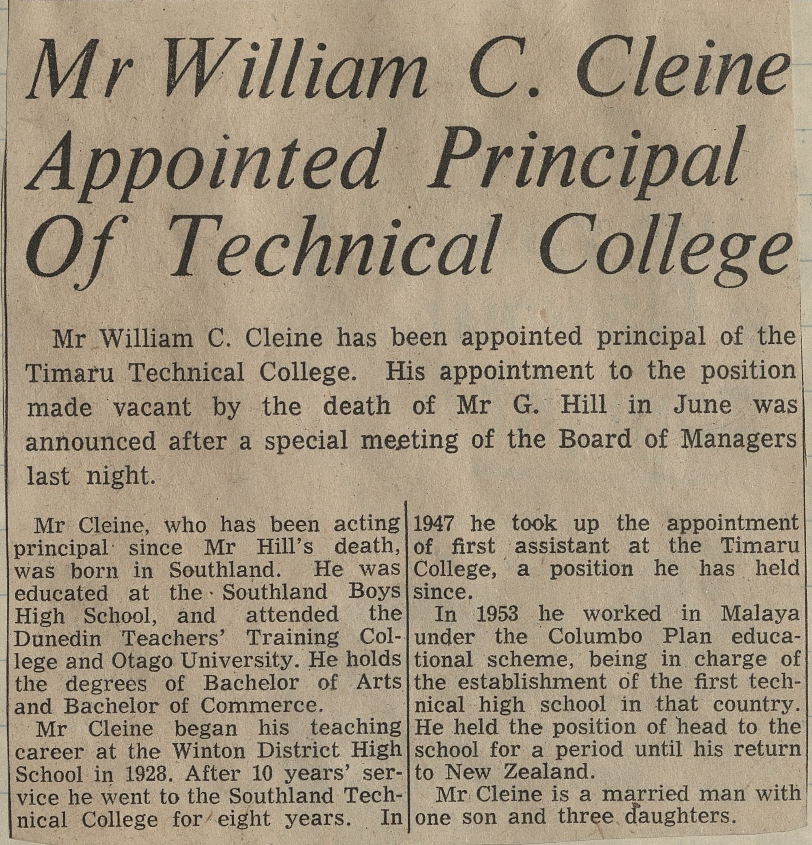Mr William C Cleine Appointed Principal Of Technical College