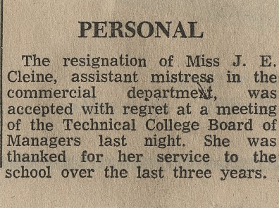 Personal: The resignation of Miss J E Cleine