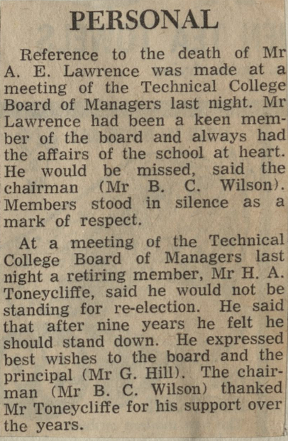 Personal: Reference to the death of Mr A E Lawrence