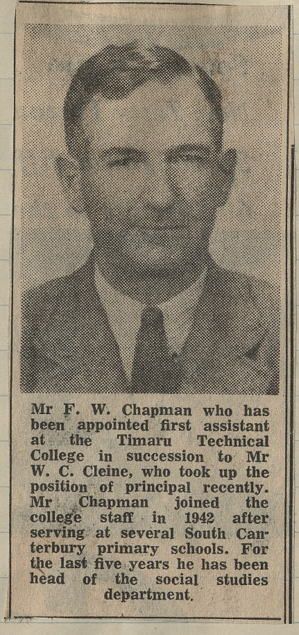 Mr F W Chapman who has been appointed first assistant at the Timaru Technical College
