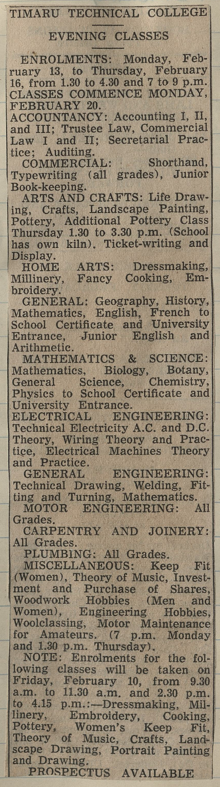 Timaru Technical College Evening Classes