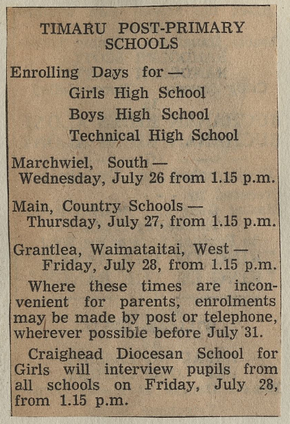 Timaru Post Primary Schools Enrolling Days