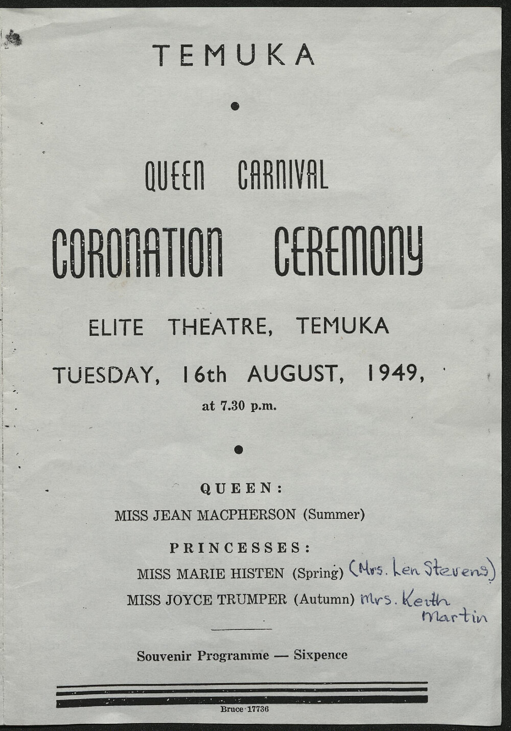 Temuka Queen Carnival Coronation Ceremony programme 1949