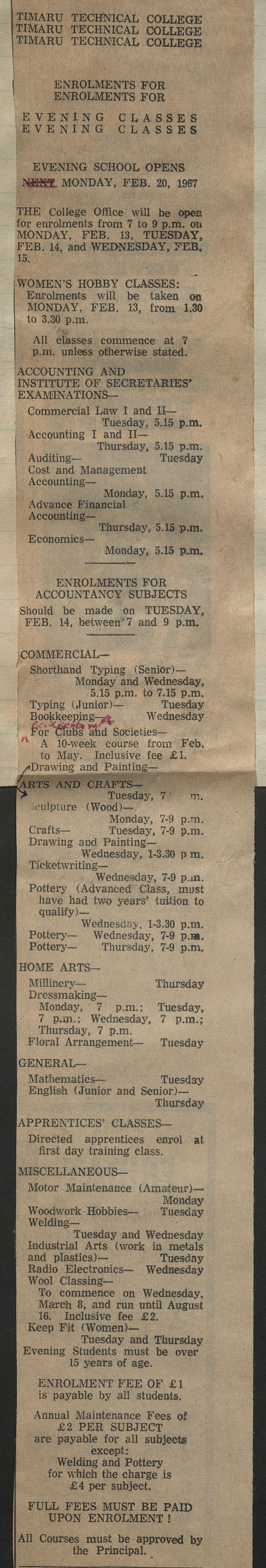 Timaru Technical College Enrolments for Evening Classes