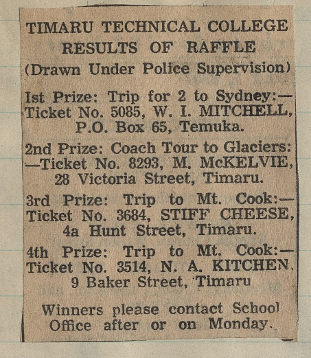 Timaru Technical College Results of Raffle
