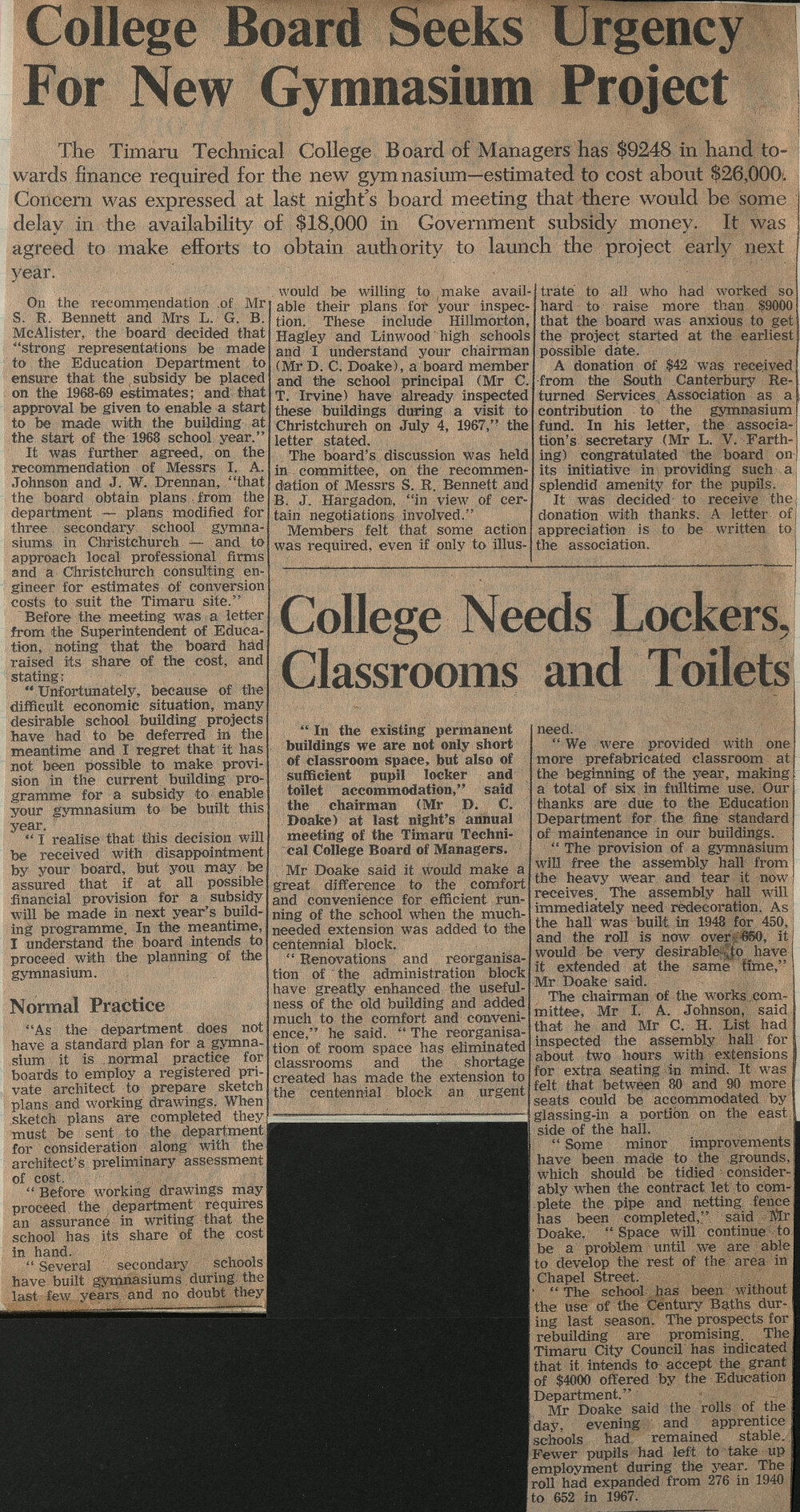 Board Seeks Urgency For New Gymnasium Project / College needs Lockers, Classrooms and Toilets