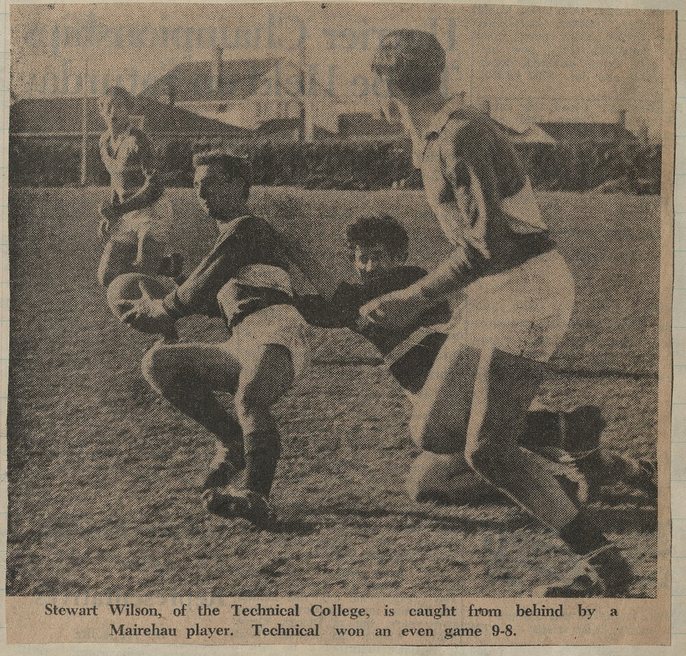 Stewart Wilson, of the Technical College, caught by a Mairehau player