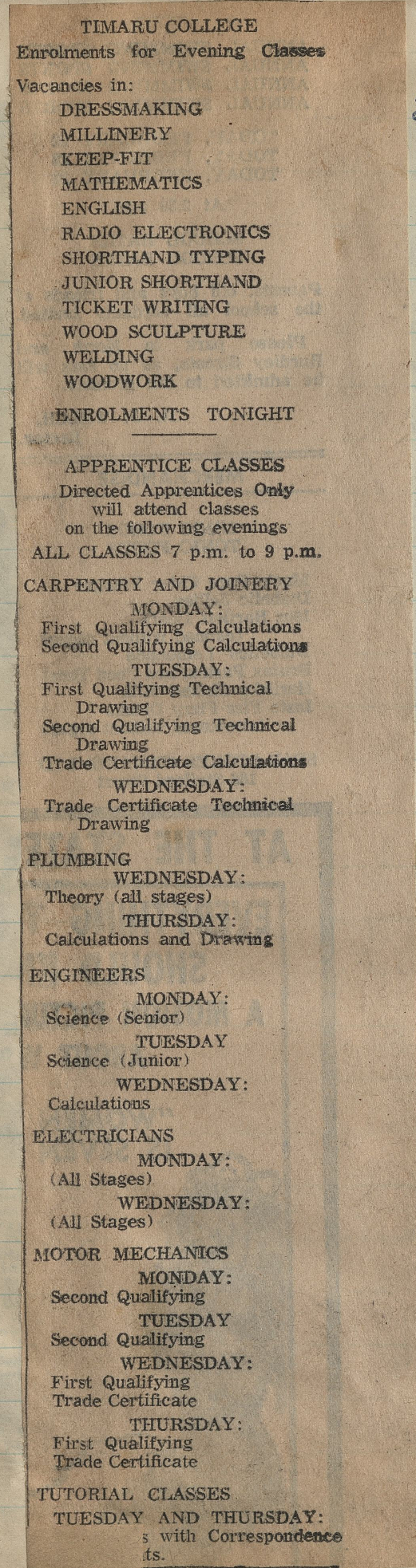 Timaru College Enrolments for Evening Classes