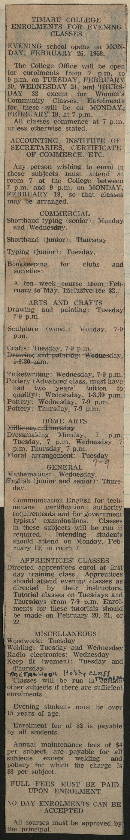 Timaru College Enrolments for Evening Classes