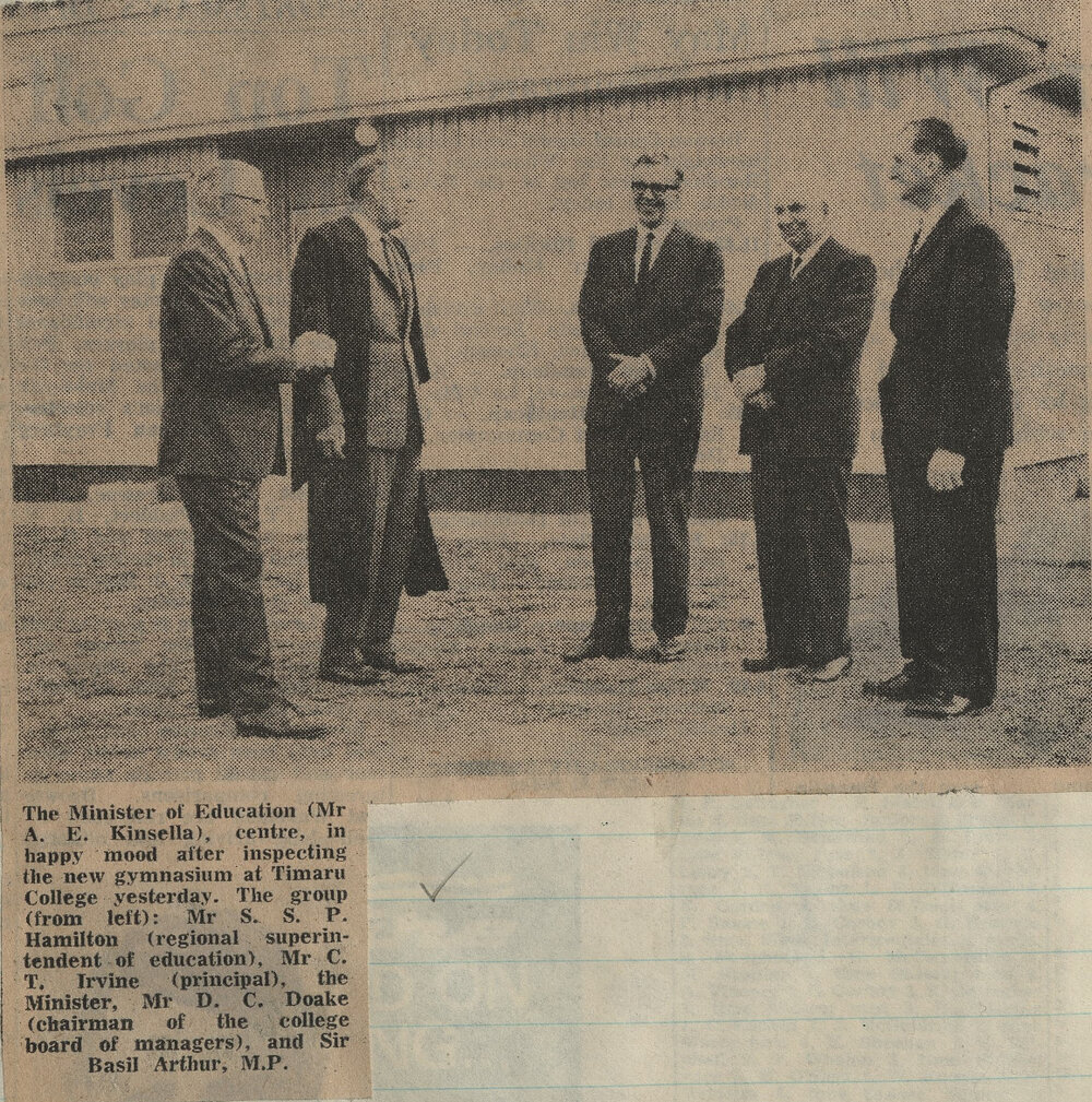 The Minister of Education in happy mood after inspecting the new gymnasium at Timaru College
