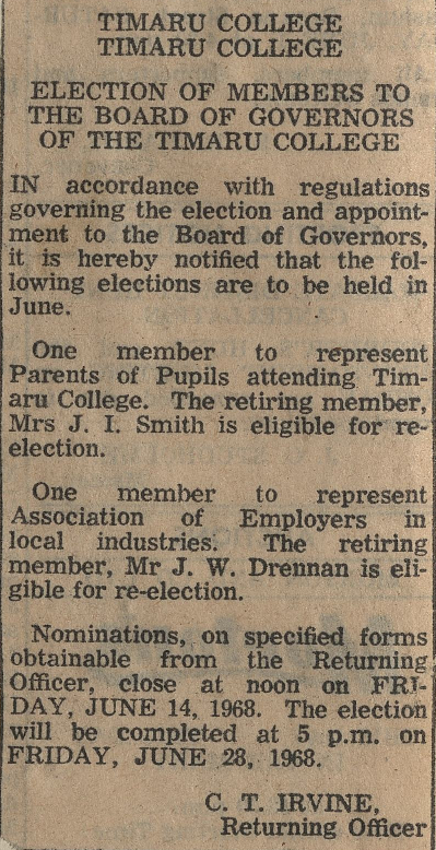 Timaru College Election of Members to the Board of Governors of the Timaru College