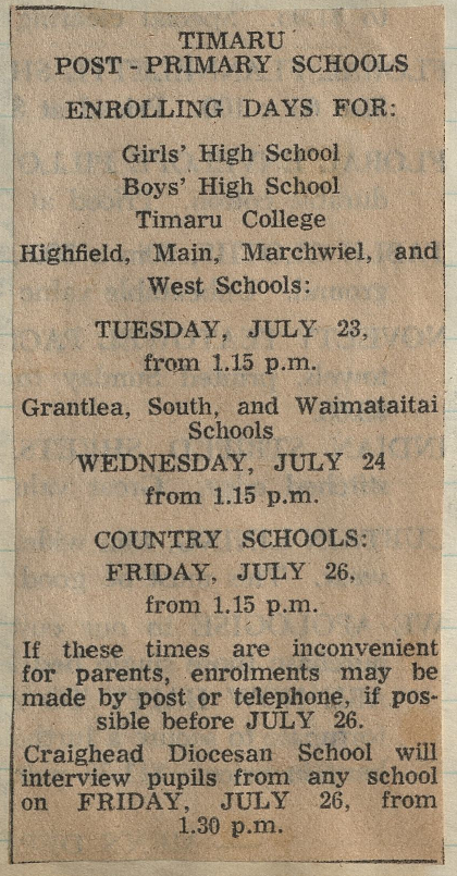 Timaru Post-Primary Schools Enrolling Days