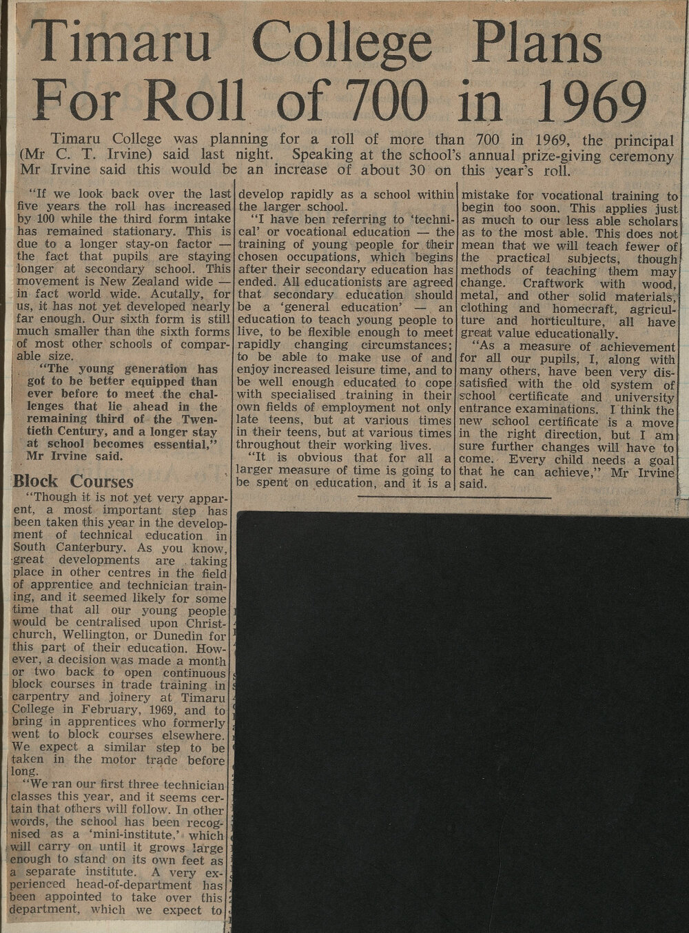 Timaru College Plans For Roll of 700 in 1969