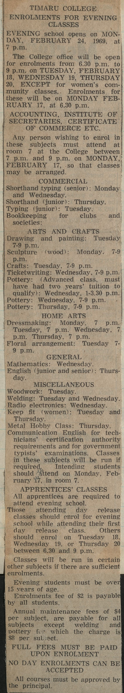 Timaru College Enrolments For Evening Classes