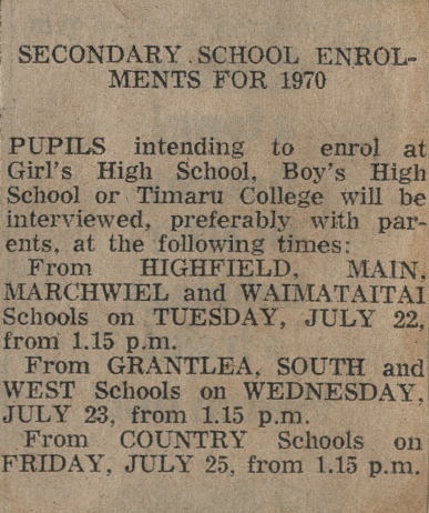 Secondary School Enrolments For 1970