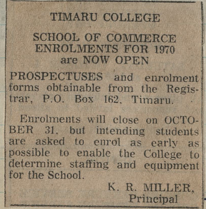 Timaru College School of Commerce Enrolments for 1970 are Now Open