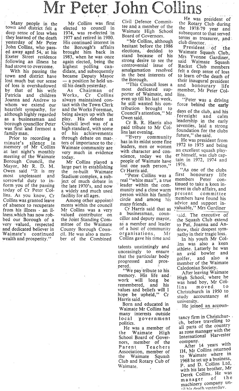 Obituary: Mr Peter John Collins