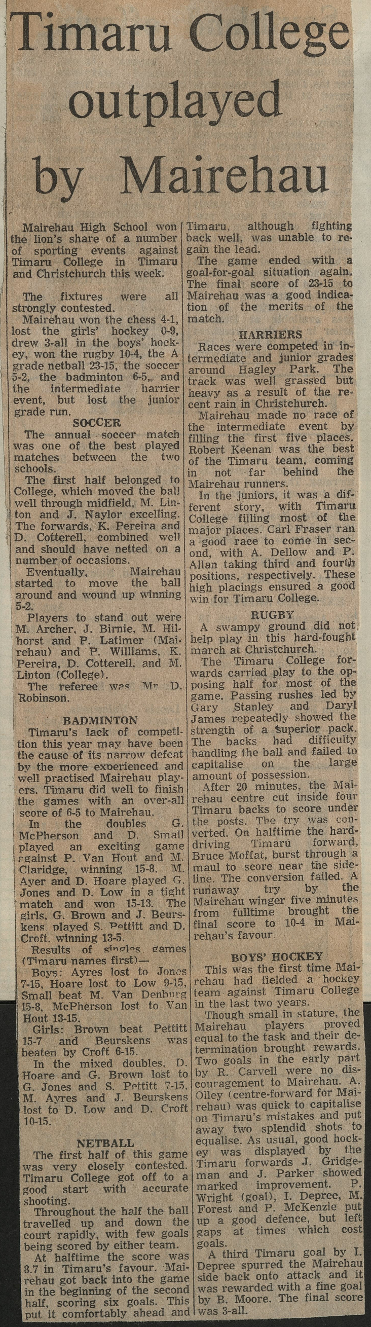 Timaru College outplayed by Mairehau