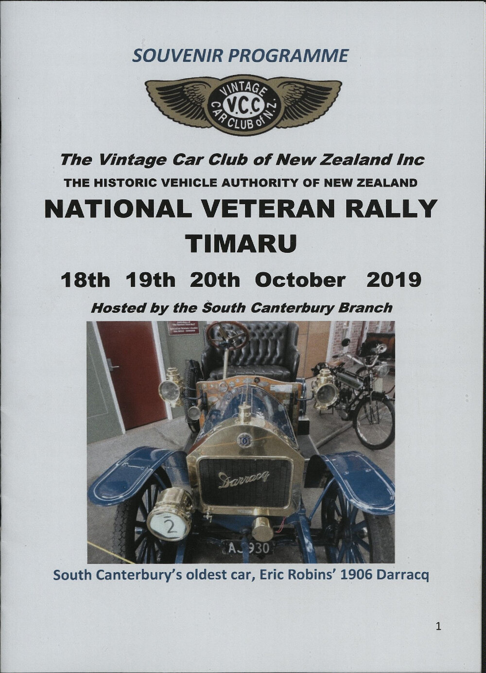 SC Vintage Car Club National Veteran Rally Timaru 2019 programme