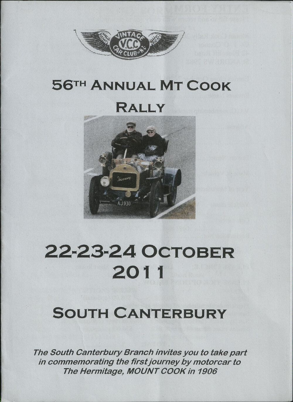 SC Vintage Car Club Mt Cook Rally 2011 programme
