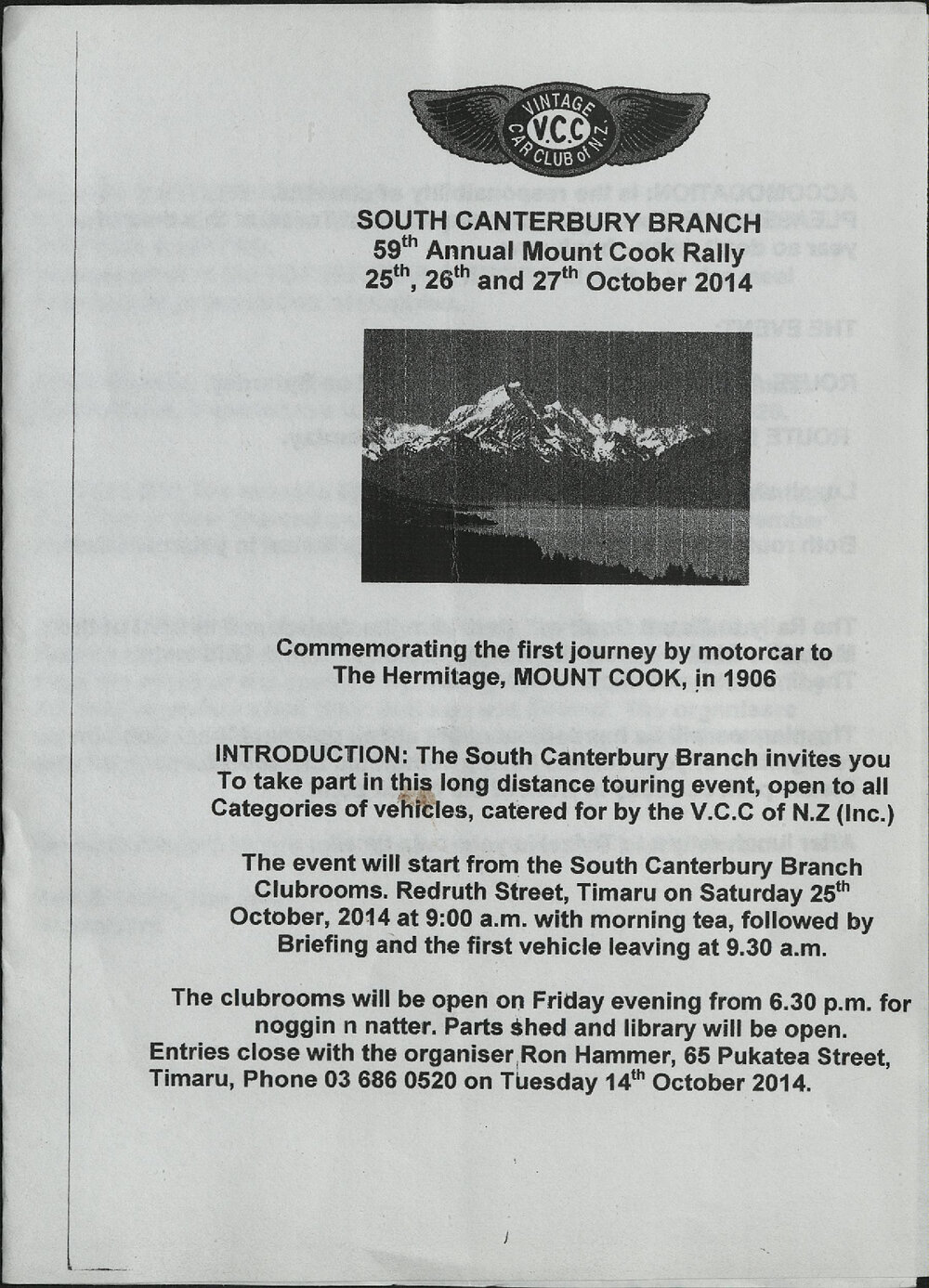 SC Vintage Car Club Mt Cook Rally 2014 programme